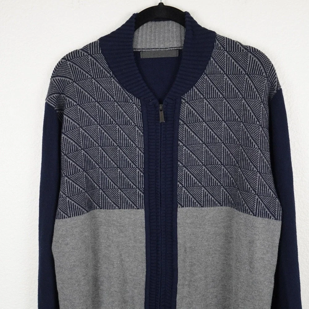 Sean John Mens Zip Up‎ Cardigan Sweater Navy Blue Gray Geometric Pattern XL